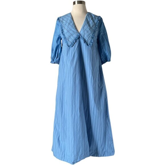 Ganni Re-Cut Striped Cotton V-Neck Midi Dress Blue Puff Sleeve - Picture 13 of 13